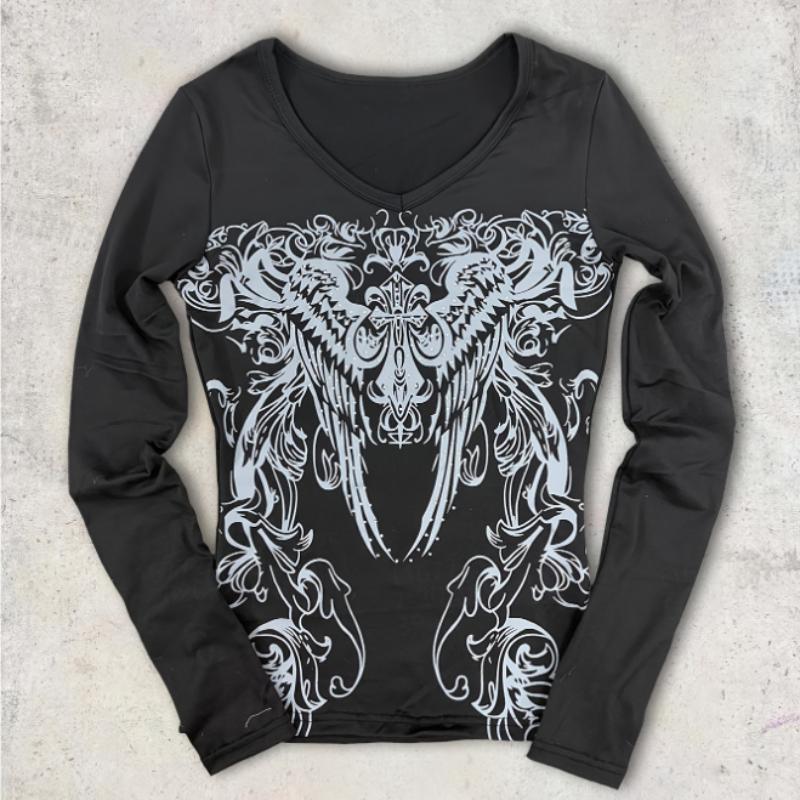Y2K Spring and Autumn Printed Tight Fit Fit Top Round Neck Women's Wear