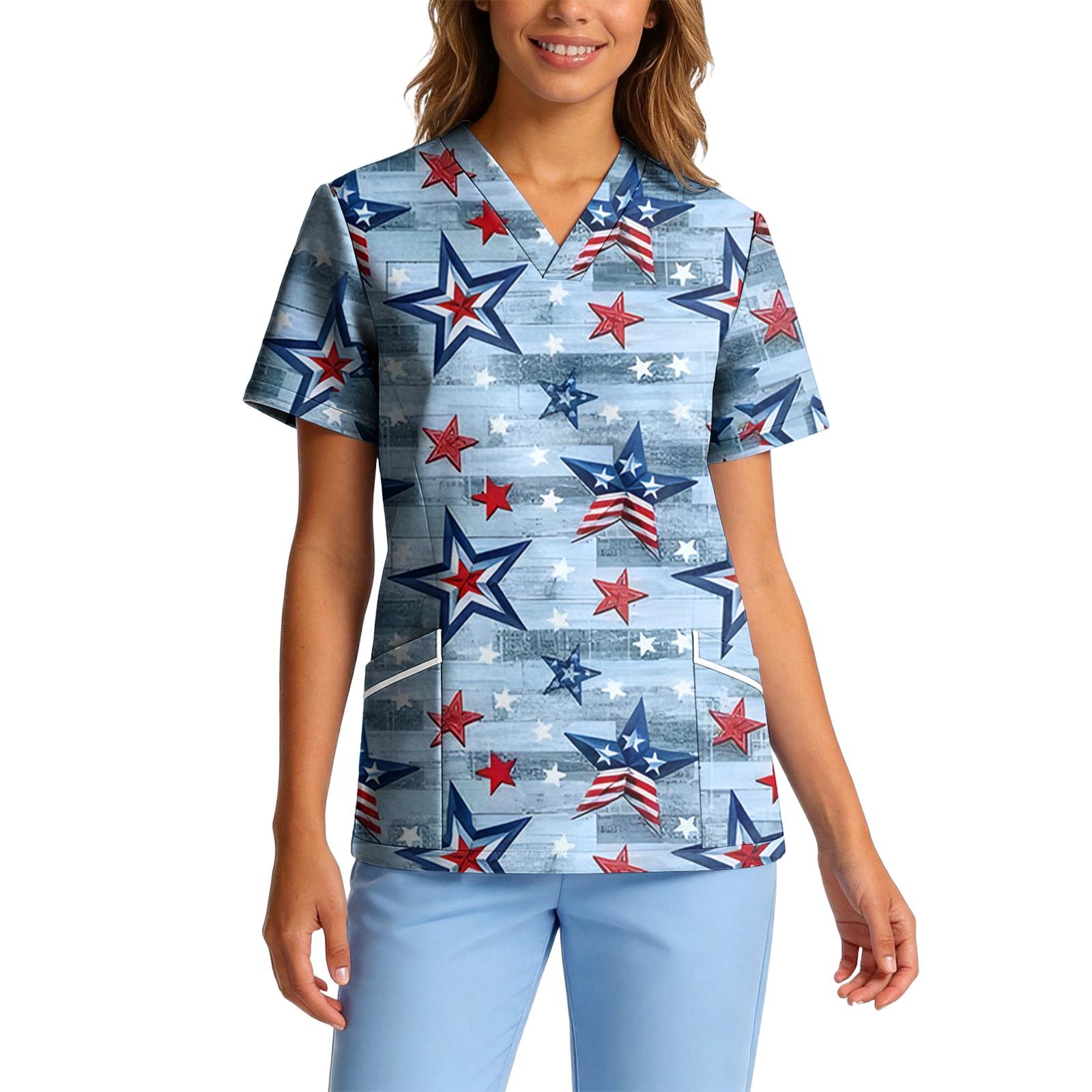 

Women s V-Neck Short Sleeve Work Top, Stretch Quick-Dry with Festive Print and Pockets M