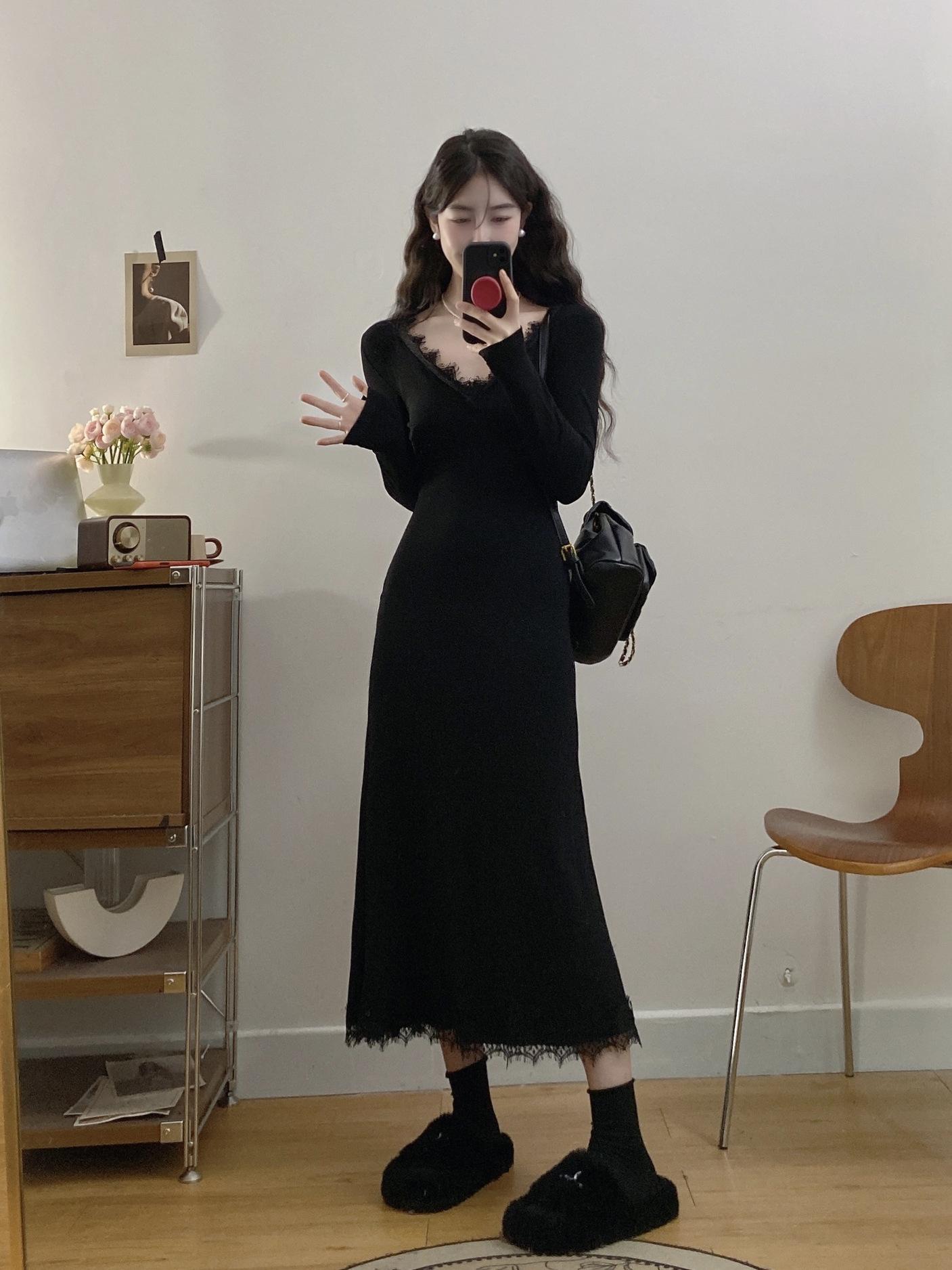 Plus Size Women s Black Lace A-Line Long Dress for Autumn/Winter XXL