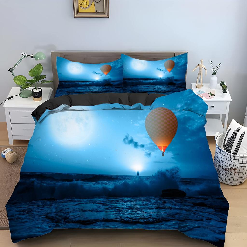 Watercolor Duvet Cover Hand Painted Style Floating Hot Air Balloons Clouds Print Decorative Bedding Set Blue Pink Coral Children