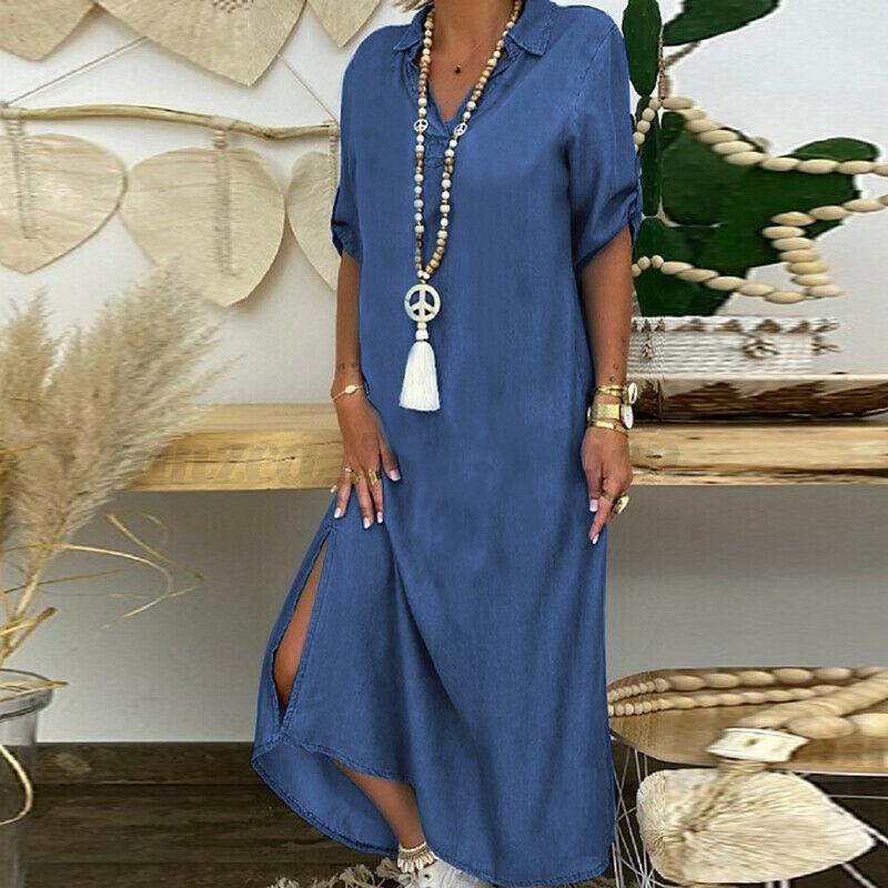 Women's Fashion Spring Autumn Solid Color Print 1/2 Sleeve POLO Neck High Waist Casual Cowboy Dresses