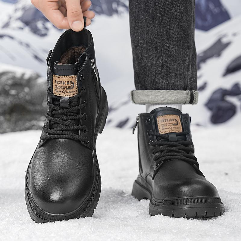 Fashion Casual Leathe Men's Motorcycle Boots Autumn Winter High Top Shoes Business British Ankle Boots Warm Plush Fur Basic Boot