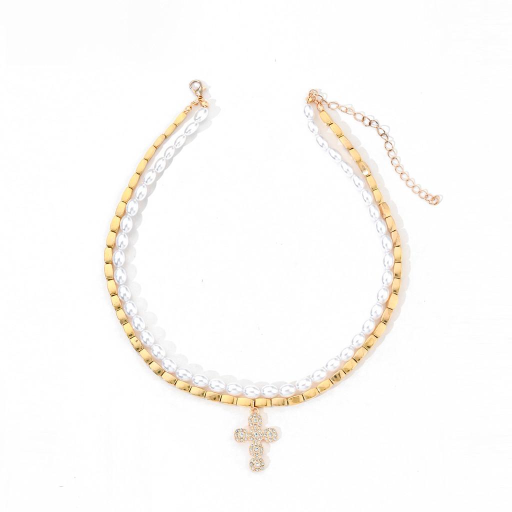 Baroque Artificial Pearl Necklace With Cross Pendant Handmade Geometric For Women золотой