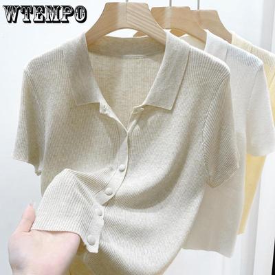 Camiseta de Punto Fina para Mujer con Cuello Polo Color Sólido de Verano Versátil Cárdigan Corto Superior
