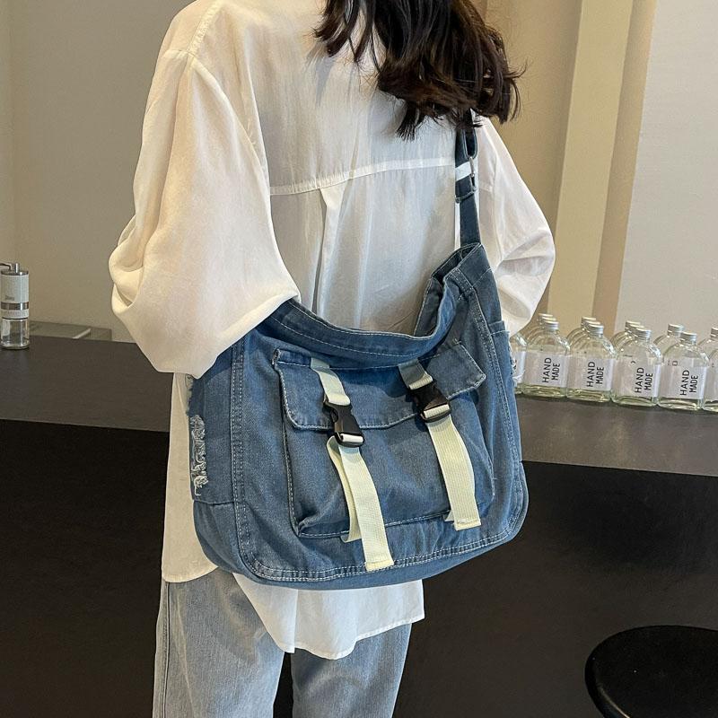 Large Capacity Canvas Bag Crossbody Bag Messenger Bag College Students Denim Shoulder Bag