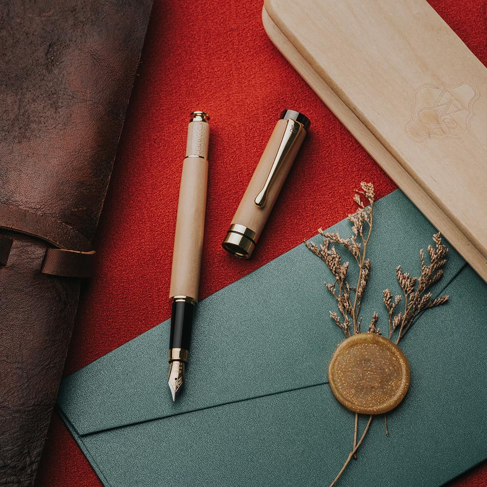 Wordsworth Finest Premium Wooden Fountain Pen Crest 6 Fountain Pen Ink Cartridges and 24K Gold Finish 18K Gold Plated Medium Nib Suitable for Both Men
