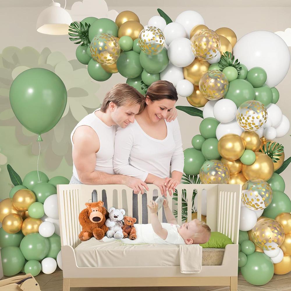 Green Jungle Safari Theme Balloons Garland Sage Green White Gold Confetti Ballon Arch Kit Home Birthday Party Wedding Decoration