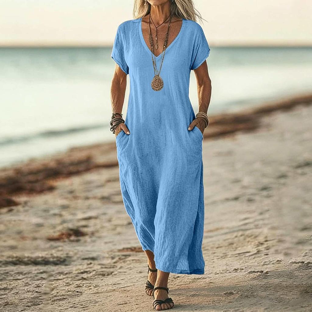 Women V Neck Short Sleeve Loose Fit Maxi Dress with Pockets Casual Summer Lightweight Long Dress for Daily Wear