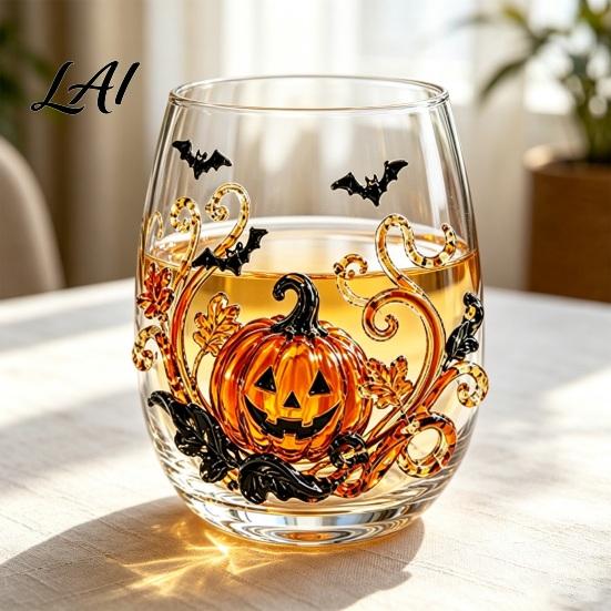 Durable Glass Coffee Mug Halloween Ghost Whiskey Glass Black Cat Spider Net Skull Tumbler for Unique Wine Cocktail 350ml Spooky Drinkware Home Bar,