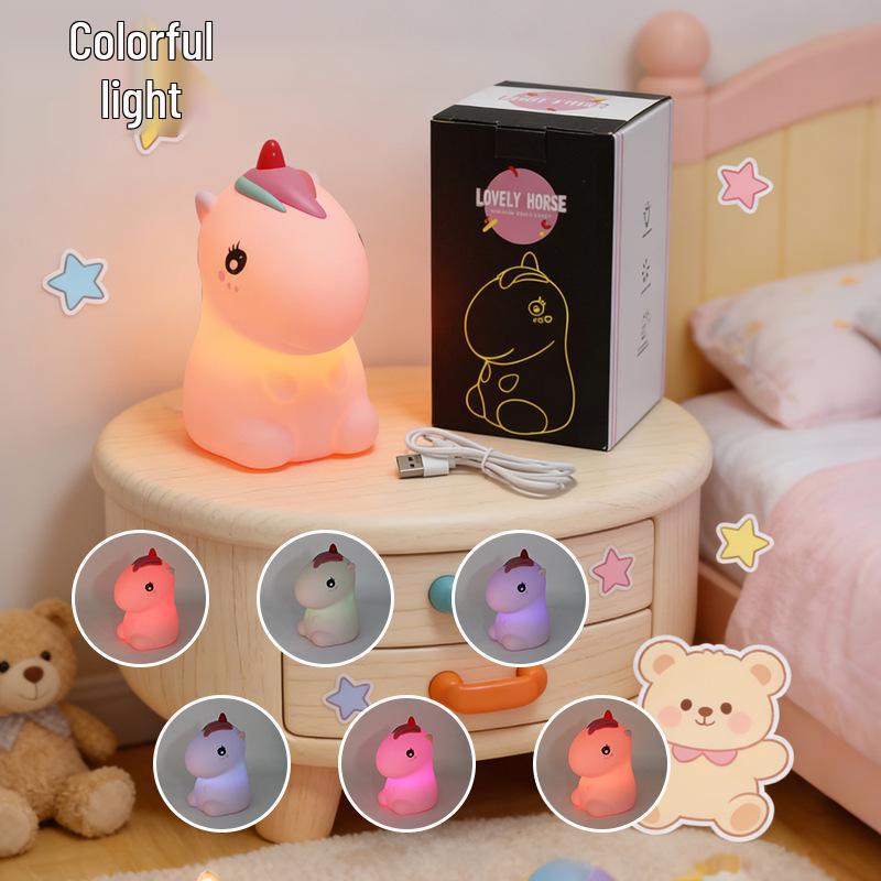 Cute Pink Pony Silicone Night Light: Adjustable Seven-Color Soft Glow for Bedroom or Desk