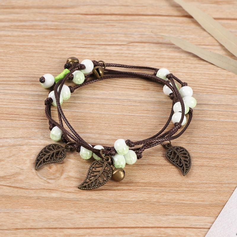 Vintage Bohemian Ceramic Bracelet Girl Sweet Bell Leaf Versatile Waist Chain Multi-circle Bracelet Jewelry