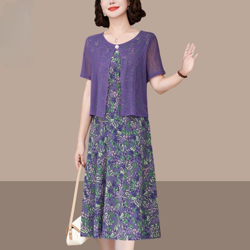 Elegantní letní šaty s krátkým rukávem pro ženy Móda pro střední věk Zeštíhlující Falešné dvoudílné Šaty pro matku