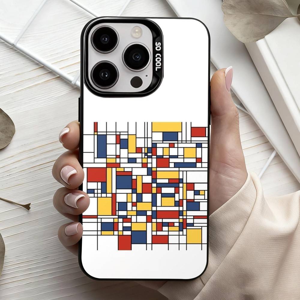 M-Mondrian-B-Bauhaus A-Abstract Shapes  Phone Case For iPhone17,16,15,14,13,12,11 Plus,Pro Max Black Candy Silver Plated Cover