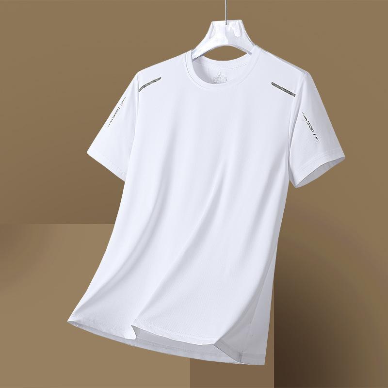 Summer Ice Silk T-Shirt Men'S Round Neck Solid Color Quick-Drying Clothes Short Sleeves, Men'S Sports Loose Thin Breathable Half-Sleeved T-Shirt