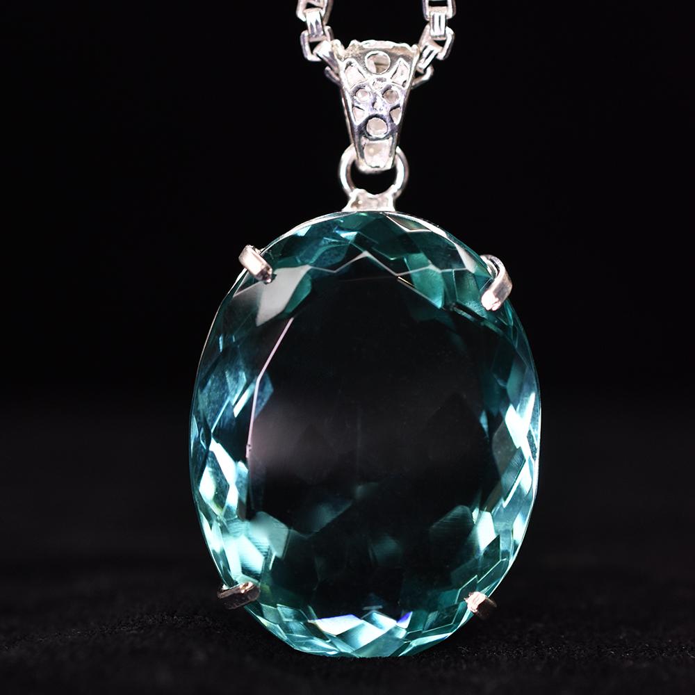 925 Sterling Silver Oval Pendant Aquamarine 137 Ct Certified Lab Created
