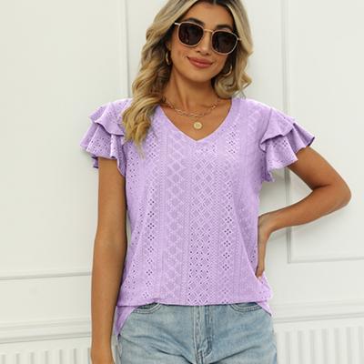 Damen Frühling und Sommer Einfarbig Doppelte Ärmel V-Ausschnitt Locker Kurzarm T-Shirt