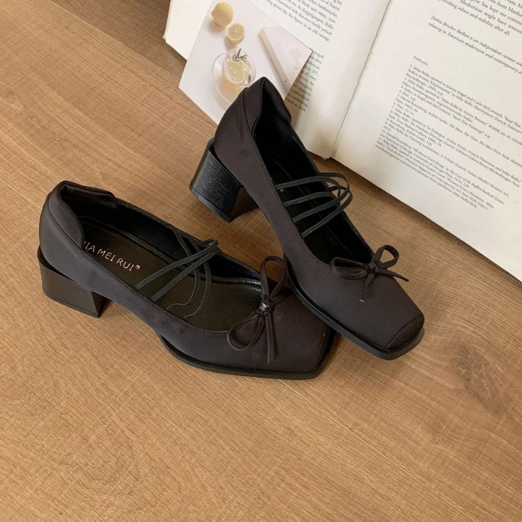 2025 French single shoes women's thick heels are beautiful and not tired of high heels ballet shoes retro bow Mary Jane shoes