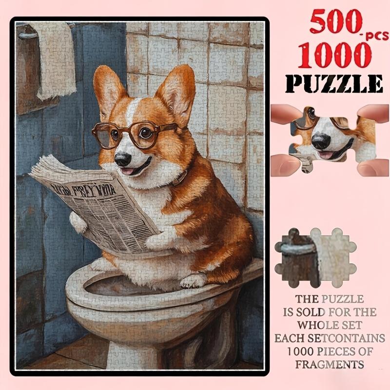 500/1000pcs Corgi Sitting on Toilet Reading Newspaper Puzzle - Challenging Suitable for &, Portable Brain for, Birthday Gifts, Corgi Lovers, Journal D