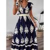 Fashion Style Summer New Arrival Fashion Printed V-neck High Waist Slimming Large Hem Dress Women's Vacation Style Beach Dress