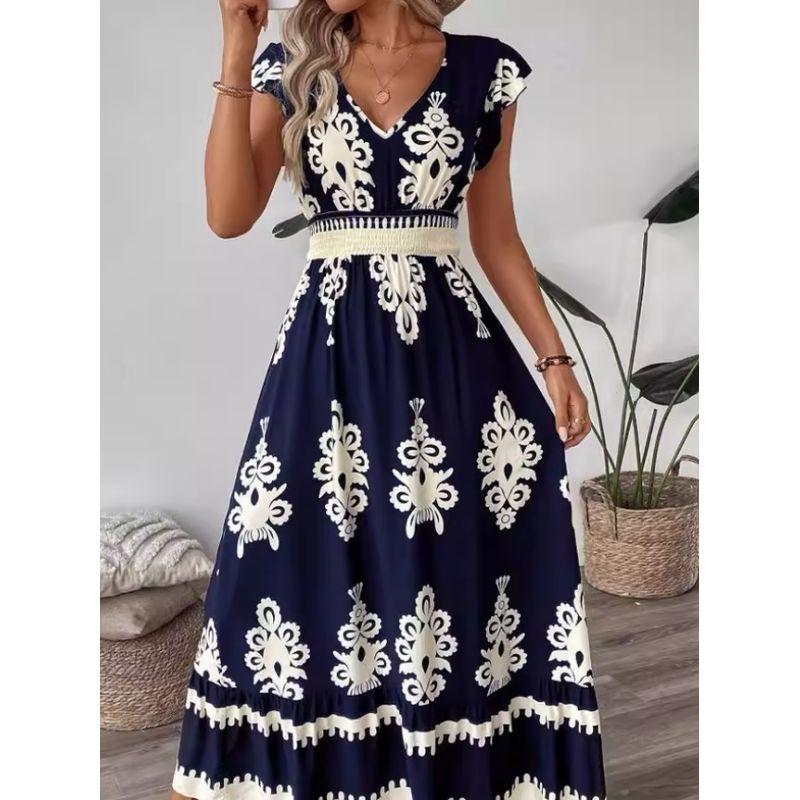 Fashion Style Summer New Arrival Fashion Printed V-neck High Waist Slimming Large Hem Dress Women's Vacation Style Beach Dress