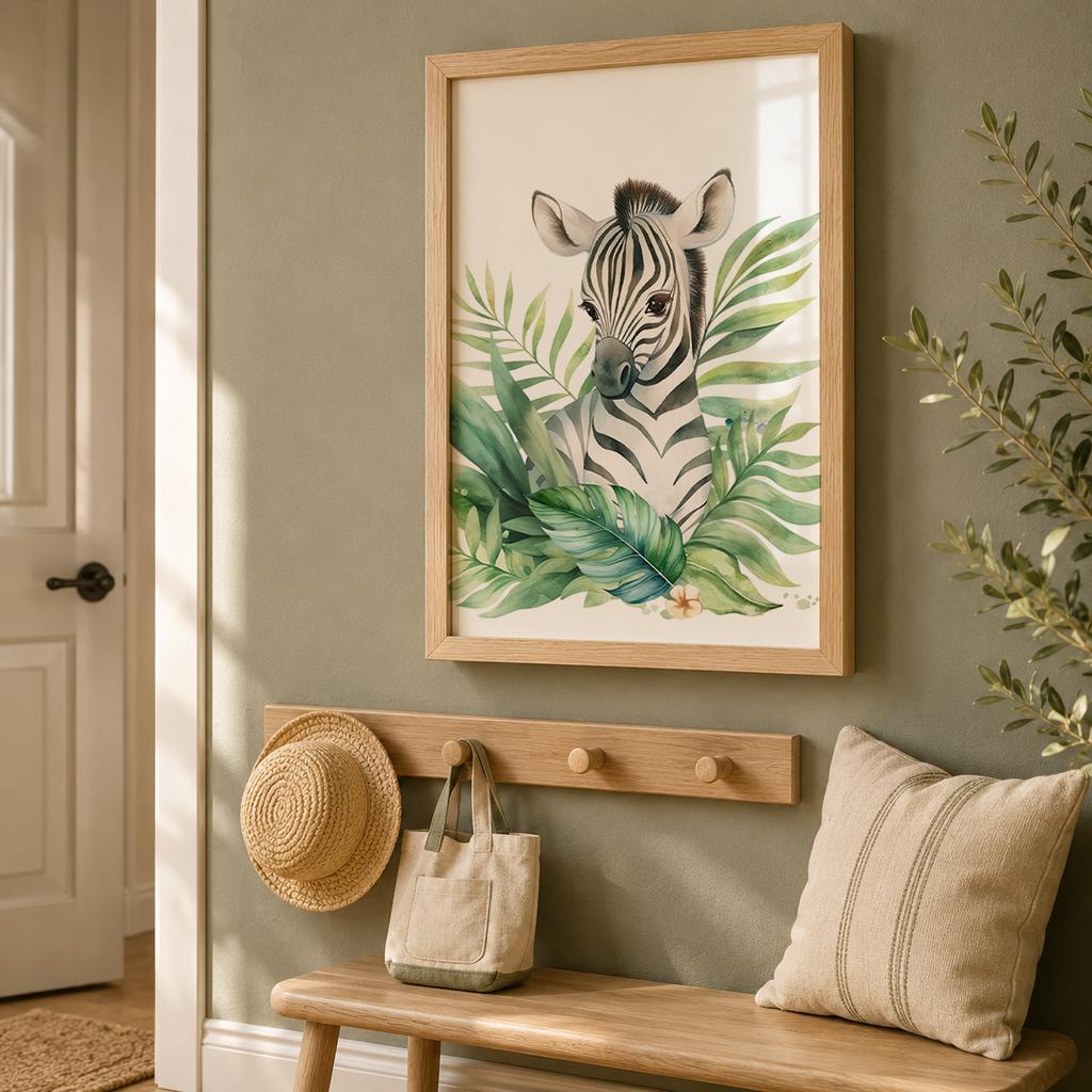 Nursery Plant Wall Art, Cute Giraffe Elephant Zebra Safari Canvas Painting, Animal Poster Print for Baby Kids Bedroom Decor