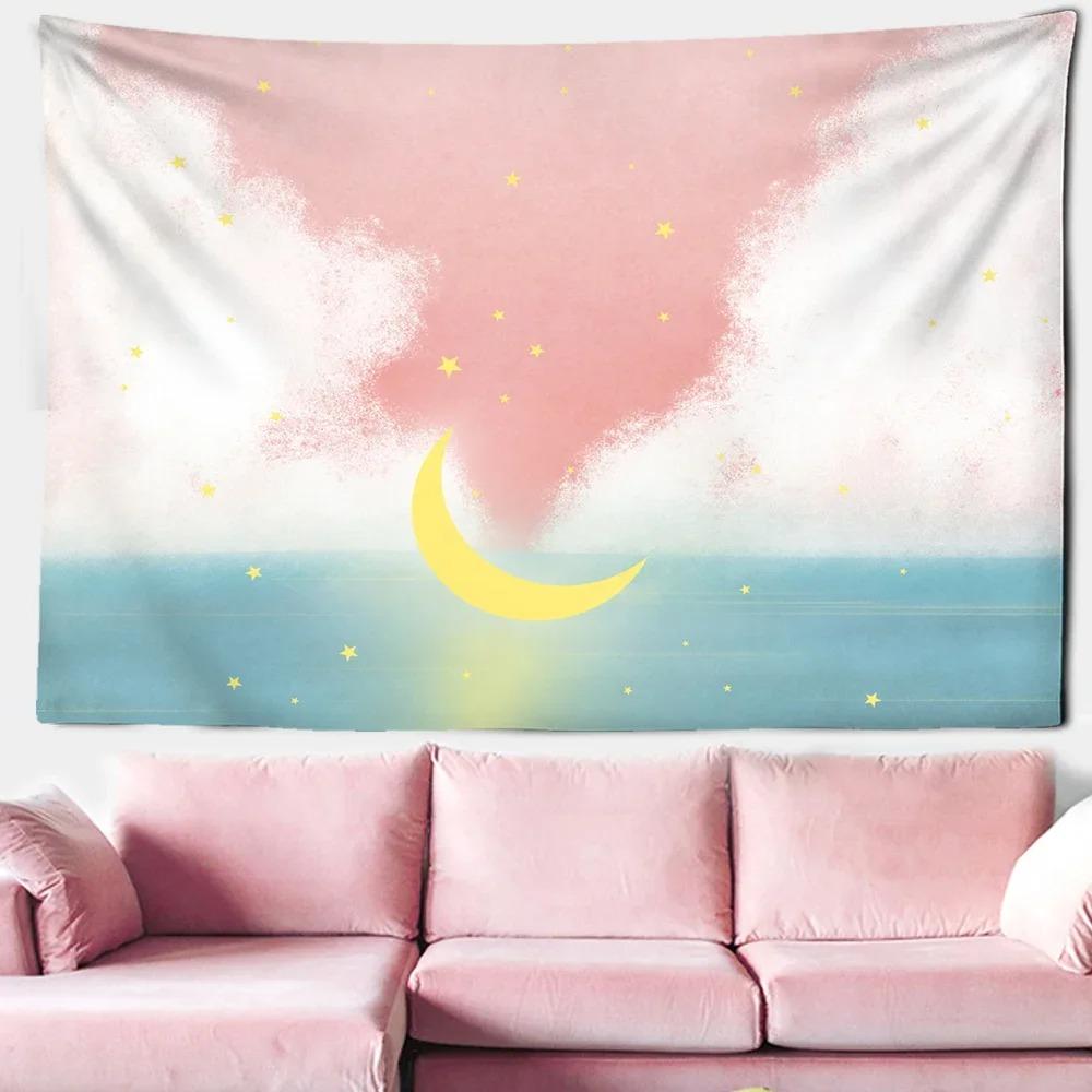 Розовый Красочный Луна Звездное Небо Гобелен Офис Гостиная Украшение Дома Настенный — фото 8