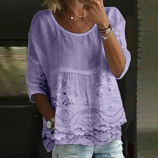 Damen T-Shirt Rundhalsausschnitt Halbe Ärmel Stickerei Blumenmuster Lockerer Saum T-Shirt Einfarbige Falten Design Sommer Oberteile