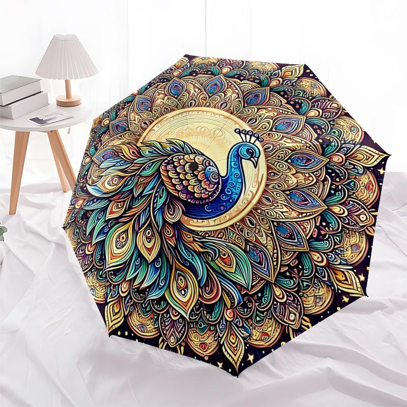 1pc Mandala Peacock Design Automatic Folding Umbrella - Portable 3-Fold Design, 8-Bone Iron Frame Outdoor Umbrella, Festival Gift for Fans, Travelers,