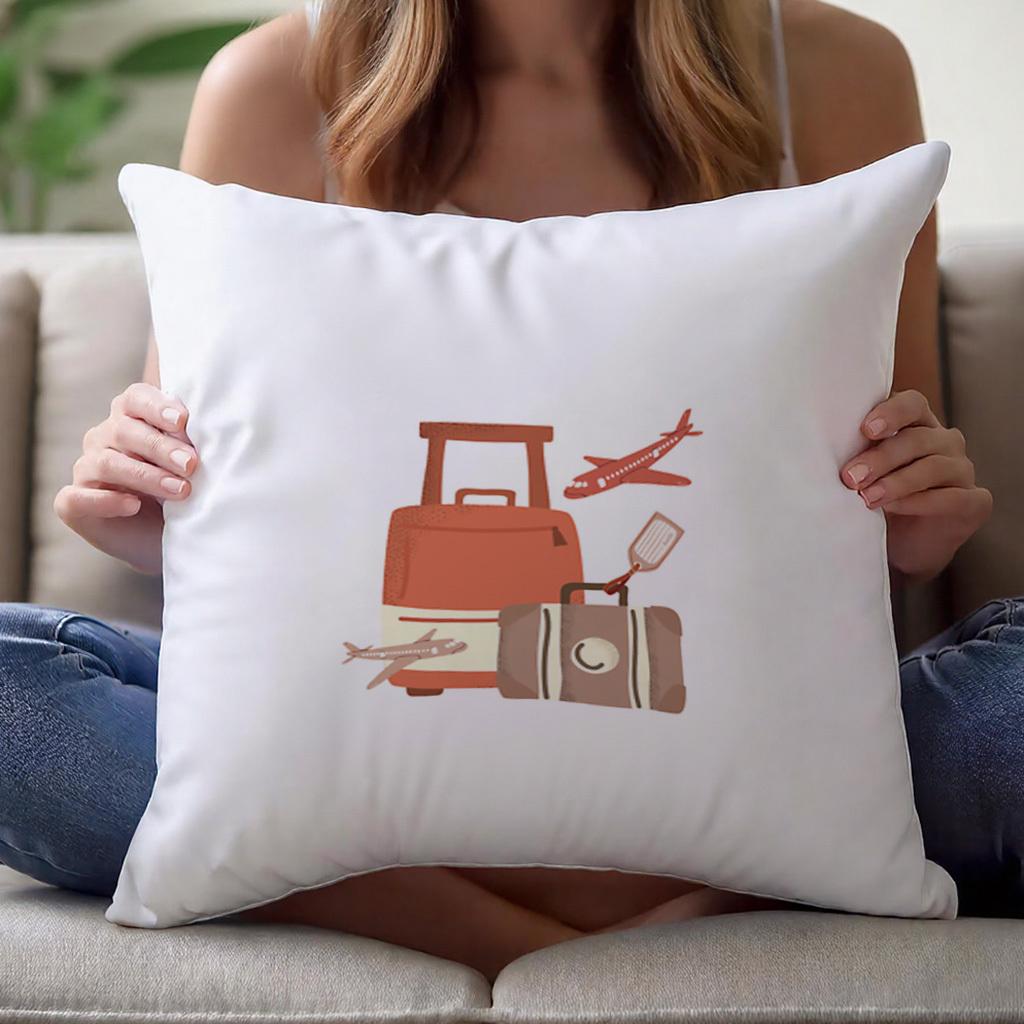 "Vintage Travel" Pillow Cover 2D Printed Polyester Sofa Cushion Case – Luggage And Airplane Design For Home Decor