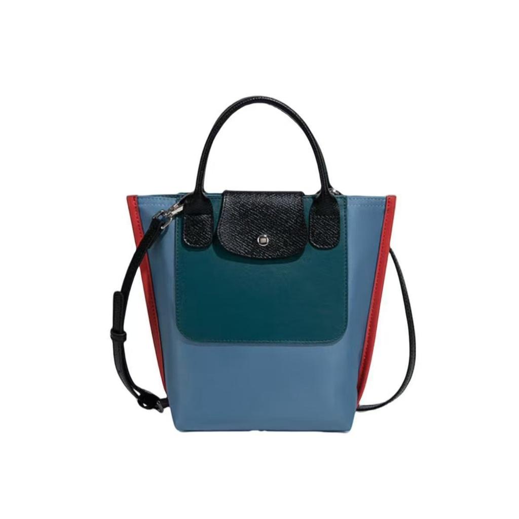 French Longxiang new nylon cowhide shoulder tote bag color matching thickened handbag mini messenger