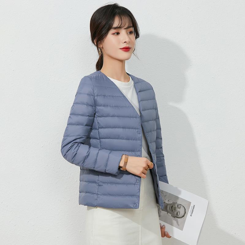 Neue leichte Daunenjacke für Damen, weiße Entendaunen, Herbst- und Winterfutter, Rundhalsausschnitt, V-Ausschnitt, zwei Tragemöglichkeiten, große Größe, schlanker Kurzmantel