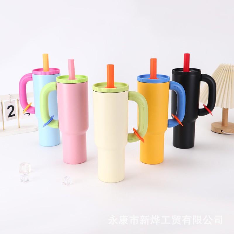 Stainless Steel Vacuum Insulated Travel Mug With Handle Straw 40oz Double Wall Cup Outdoor Office Car Use
