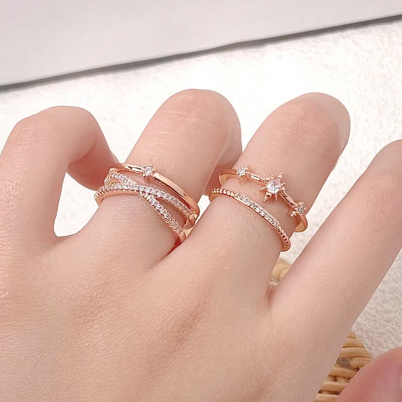 Rose Gold Light Luxury Full Of Diamonds Zircon Multi-Layer Stacked Open Ring Female Personality Niche Index Finger Ring Personality Ring