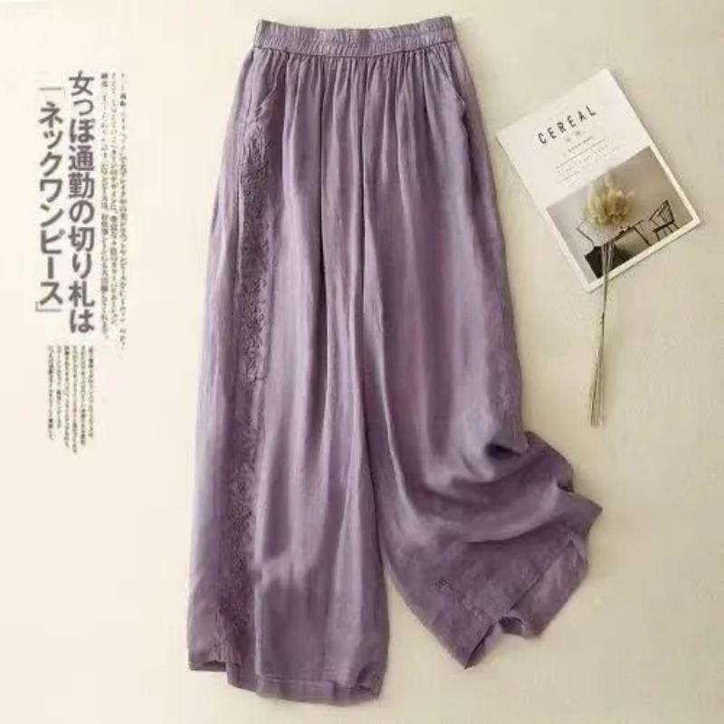 Women's Casual Beige Elastic Waist Lace Trim Wide Leg Trousers