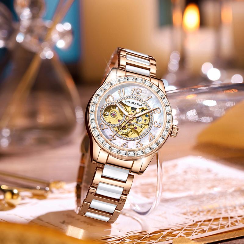 ORKINA-Automatic Watches for Women, Skeleton Mechanical Watch, Elegant Luxury Dress, Gold Gear, Diamond, White Ceramic BandGift