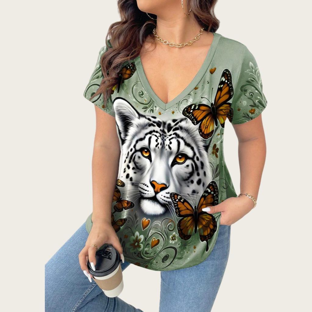 2025 Plus Size Women's V-Neck T-shirt with 3D Animal Print, Short Sleeves: European & American Style Casual Fashion