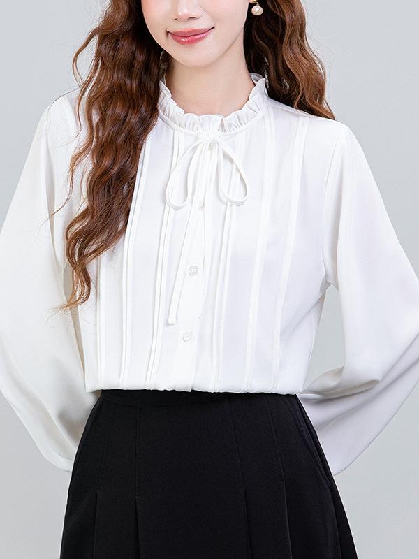 2026 Spring French Style Women's White Ruffle Shirt - Elegant Layered Design