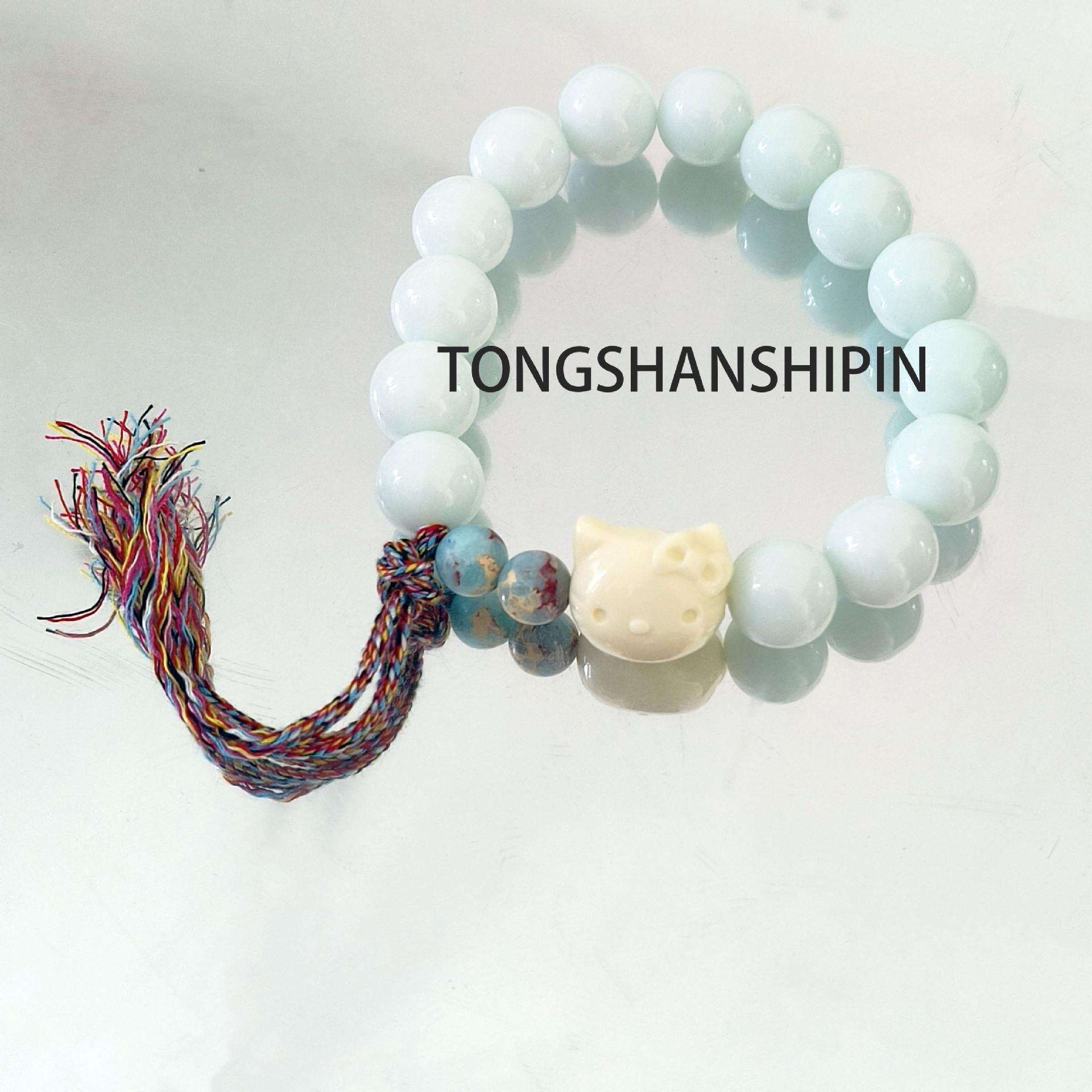 

Браслет ручной работы с подвеской «Китти» из белого нефрита в виде корня бодхи с плетеным веревочным узором Kitty Cat Bracelet