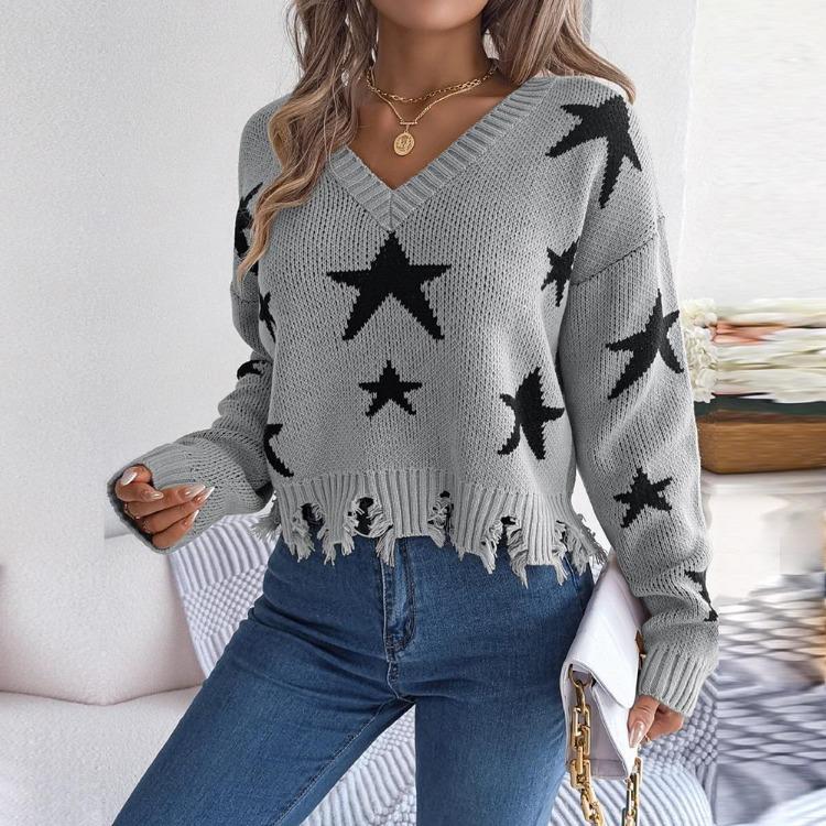 Knit Pullover Sweater Women Long Sleeve V Neck Casual Autumn Winter Star Cut