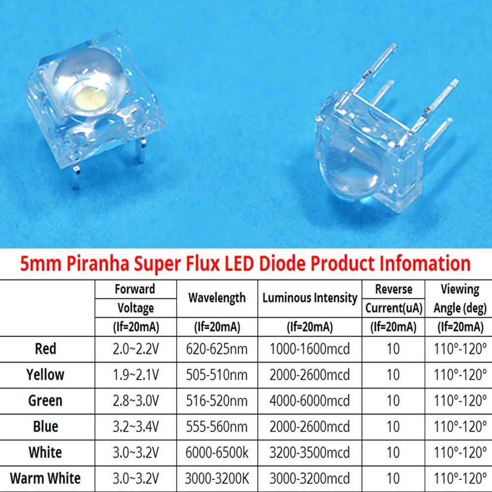 100 peças 5mm vermelho verde azul branco amarelo cúpula super fluxo água transparente piranha diodo 1 9 3 4v led carro lâmpadas diodos luz lâmpada led