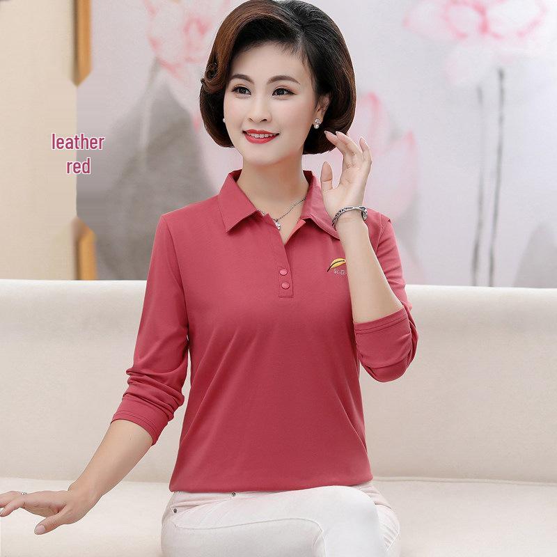 

Autumn Pure Cotton Lapel Polo Shirt for Middle-Aged Women - Plus Size, Long-Sleeved, Embroidered Design 2XL (115-130 jin)