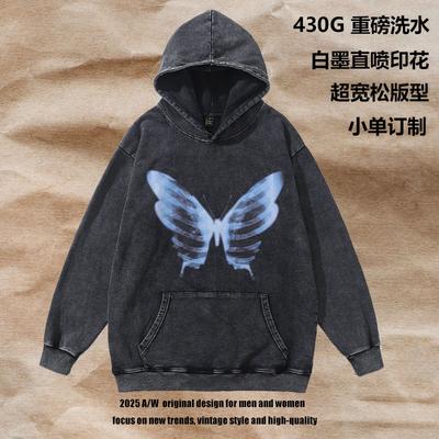 American Retro Hooded Sweater Men And Women Couple Butterfly Print Washed Old Hip Hop Jumper Hoodie