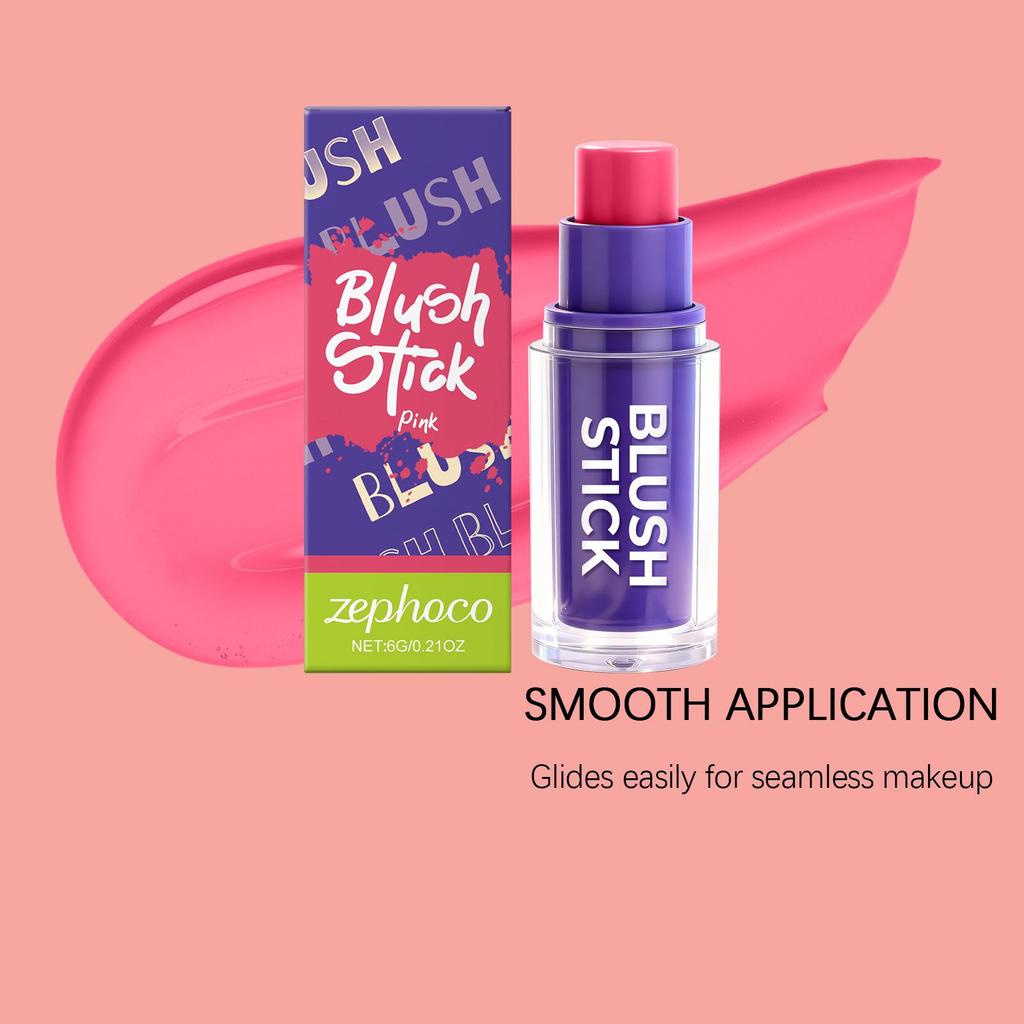 Zephoco Pink Blush Stick: Moisturizing, Silky Smooth, Natural Color for Daily Makeup.