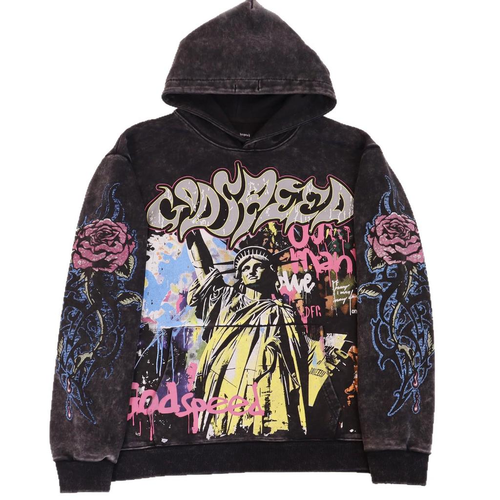 Felpa con cappuccio Godspeed Rock Europeo e Americano Streetwear Stampa Retro Usurata