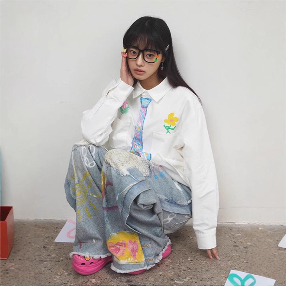 

College Style Creative Crayon Graffiti Tie-Dye Shirt - Spring/Autumn 2025 Trendy Loose-Fit Double Extra Large білий