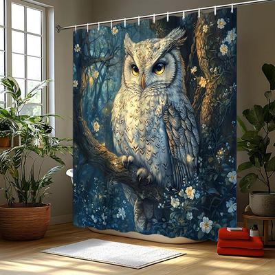 1pc Majestic Owl Shower Curtain - Enchanted Forest, Polyester, 70.8x70.8 Inches, 12 Hooks, Washable, Magical Bathroom Decor