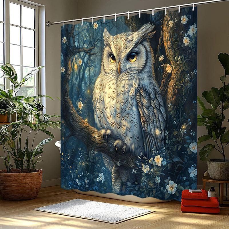 Textile Article Light 1Pc Majestic Owl Shower Curtain - Enchanted Forest, Polyester, 70.8X70.8 Inches, 12 Hooks, Washable, Magical Bathroom Decor