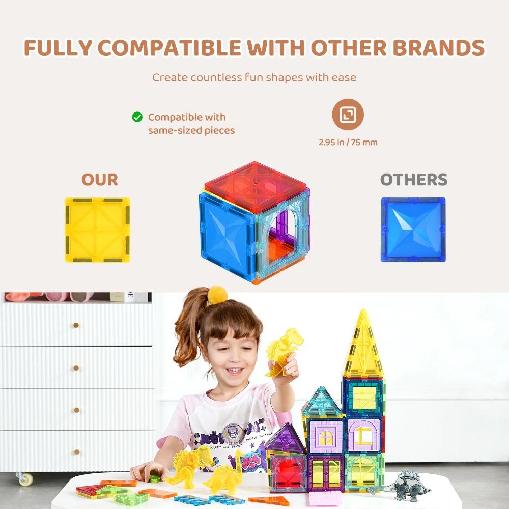 SucceBuy 56PCS Magnetic Tiles Magnet Building Blocks with 4 Dinosaurs Construction Stacking Stem Educational Toys for Kids