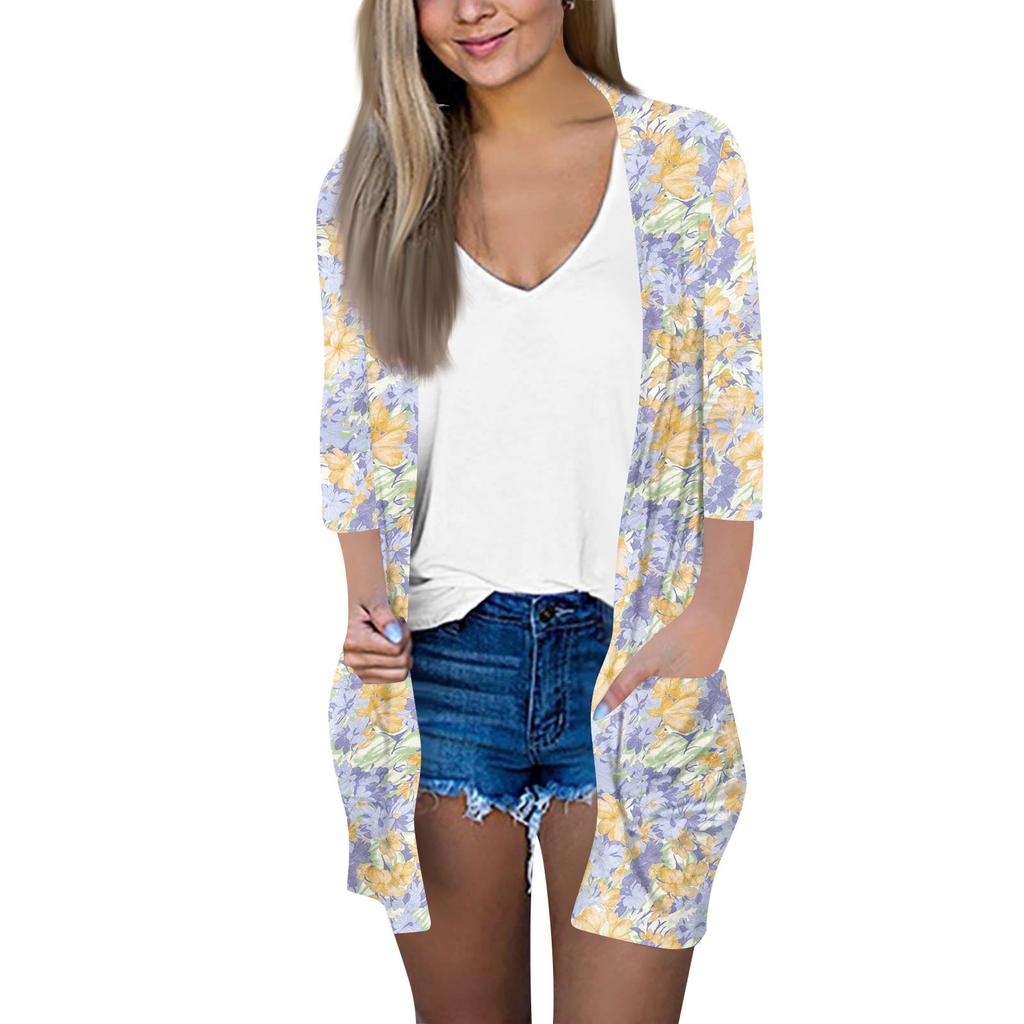 Women's Fashion Loose Casual Pocket Printed Cardigan Seven Sleeve Jacket Top
