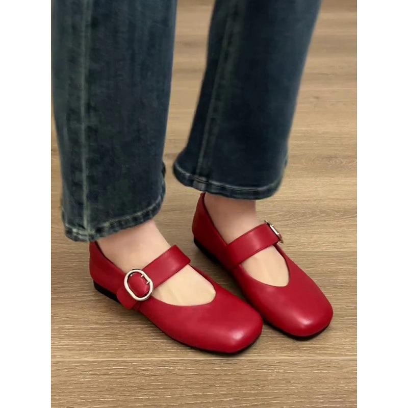 Lambskin new red leather shoes Mary Jane shoes women's popular soft-soled temperament French shallow mouth flat-soled single shoes